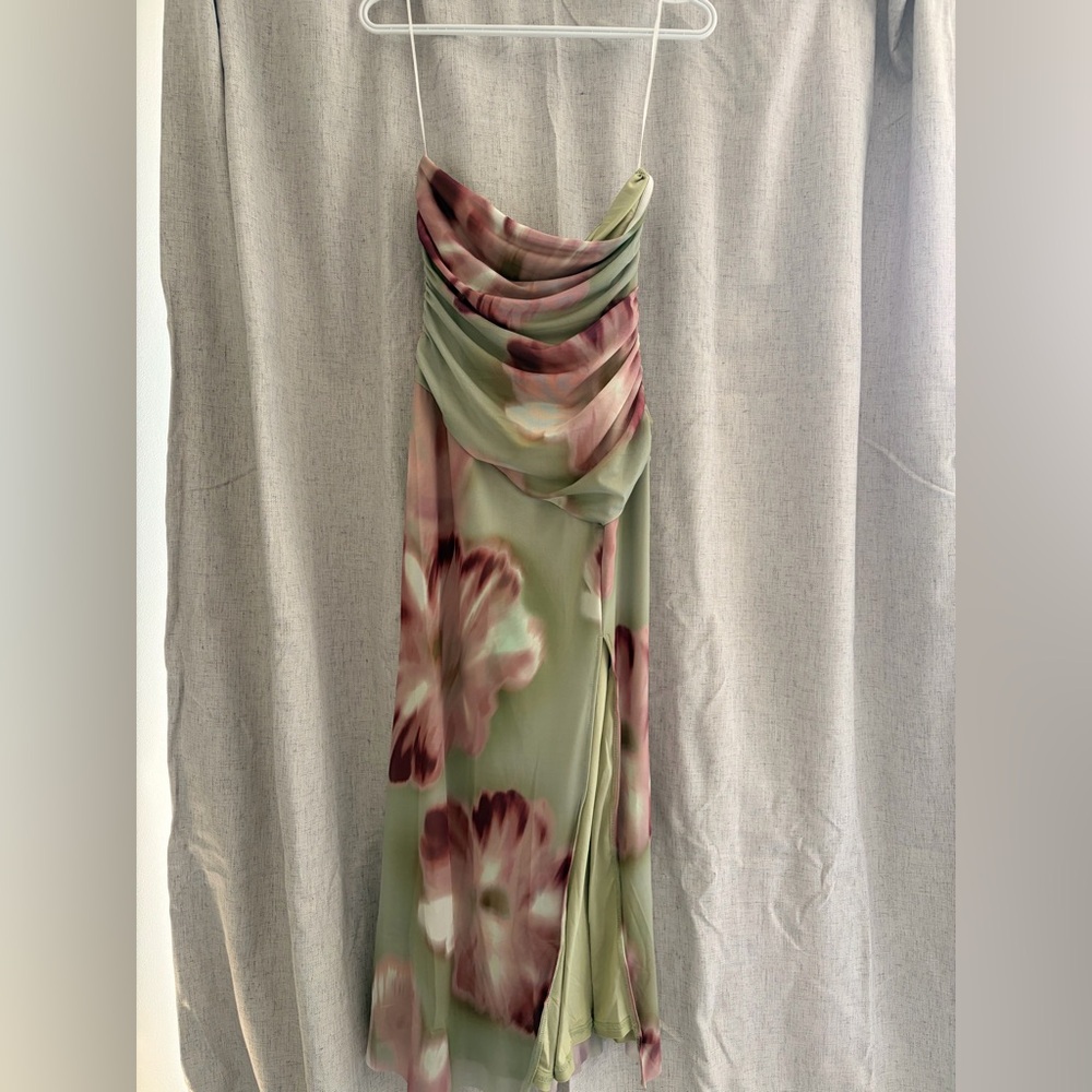 Cider Strapless Mesh Floral Bandeau Dress in Sage and Mauve - Picture 3 of 5